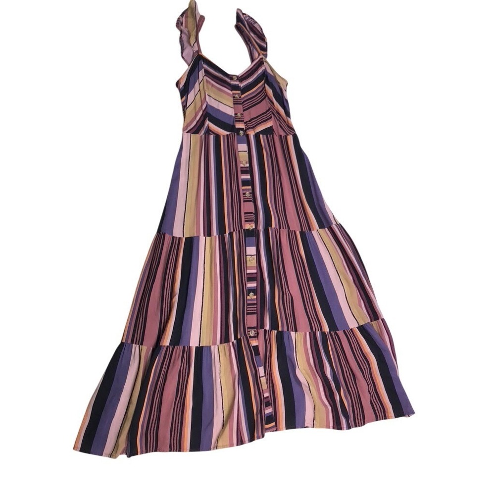 Susina Maxi Dress Womens Small Multi Striped Excellent Button Front Tiered Boho